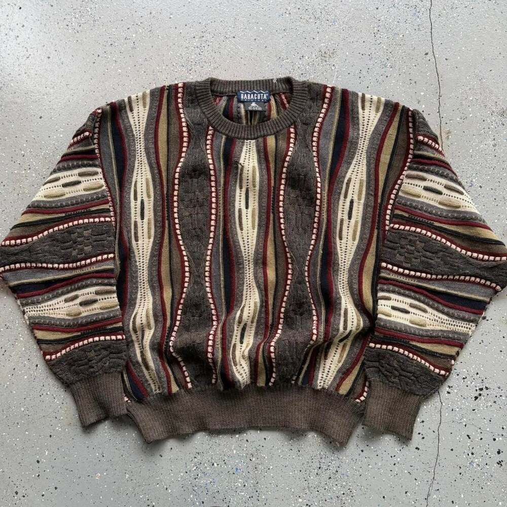 Vintage Baracuta 3D Knit Coogi Style Merino Wool Sweater XL Earth Tones